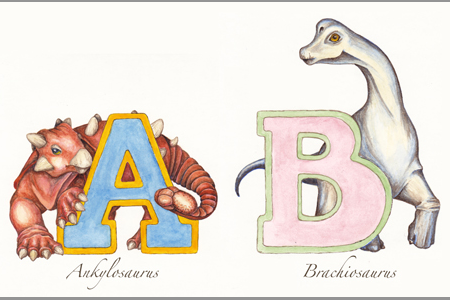 Illustrated baby dinosaur alphabet with Anylosaurus for A and Brachiosaurus for B